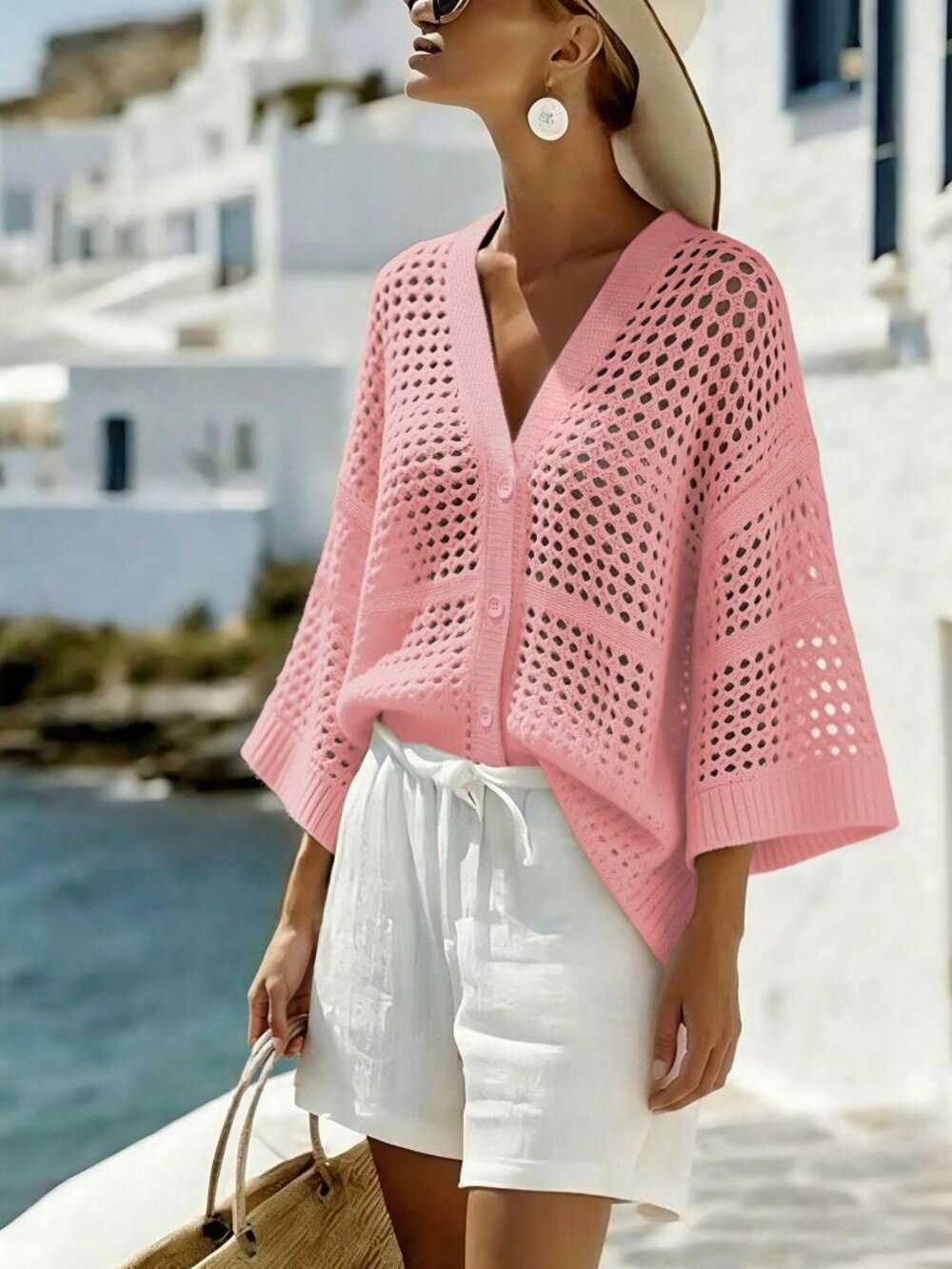 Pink Casual Women's V-Neck Sleeveless Hollow Mesh Loose Thin Cardigan